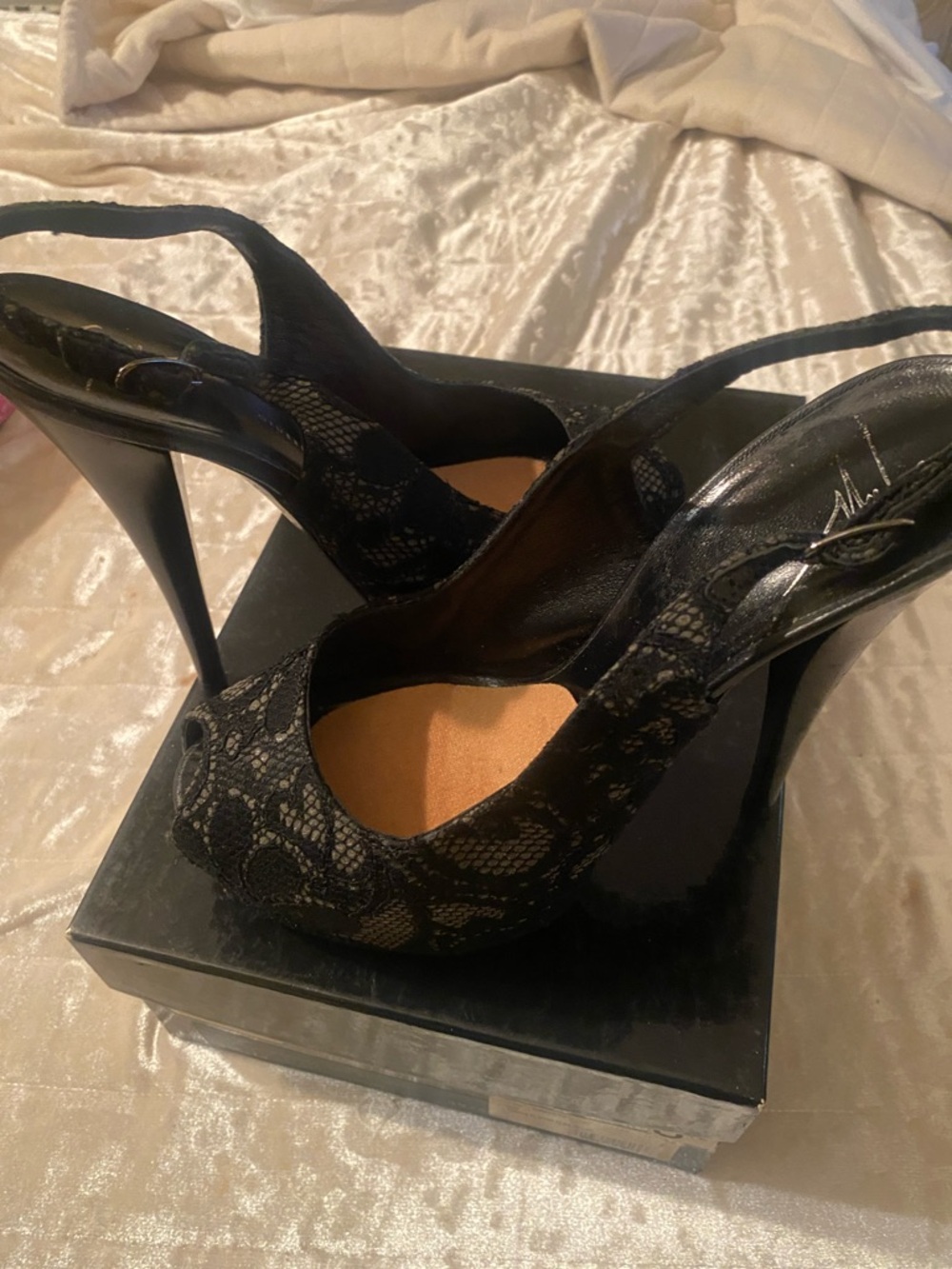 Giuseppe Zanotti Black Lace Peep-Toe Slingbacks